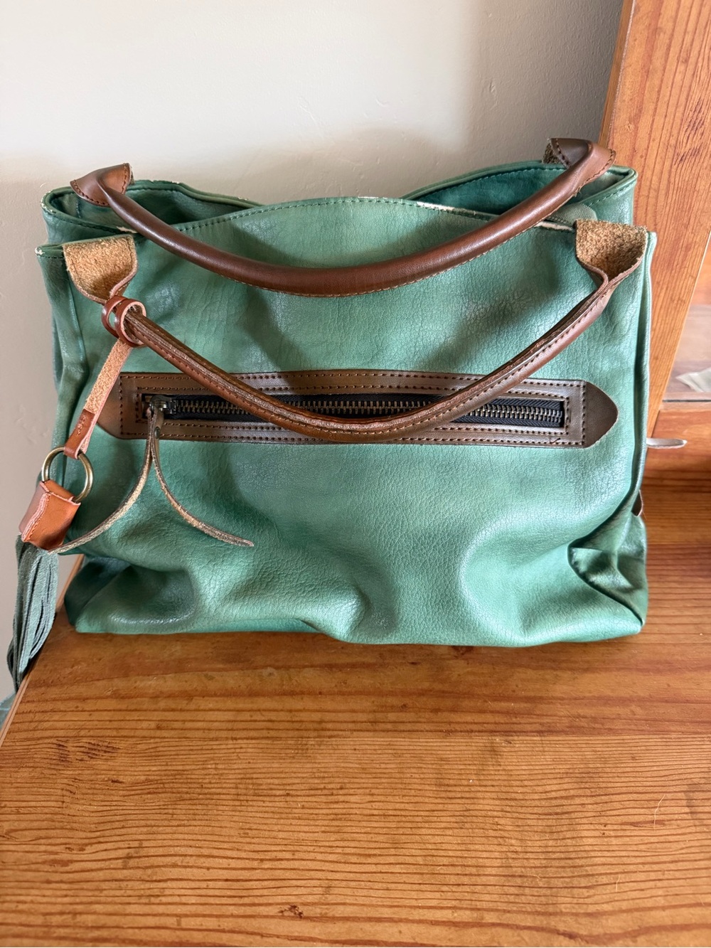 Green Moda Luxe Leather Tote with Brown Trim